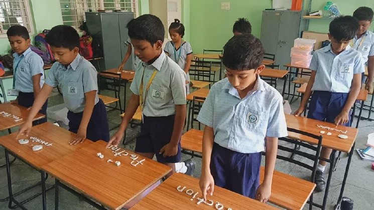 Students mastering Math words at Omega International School in Chennai, India.