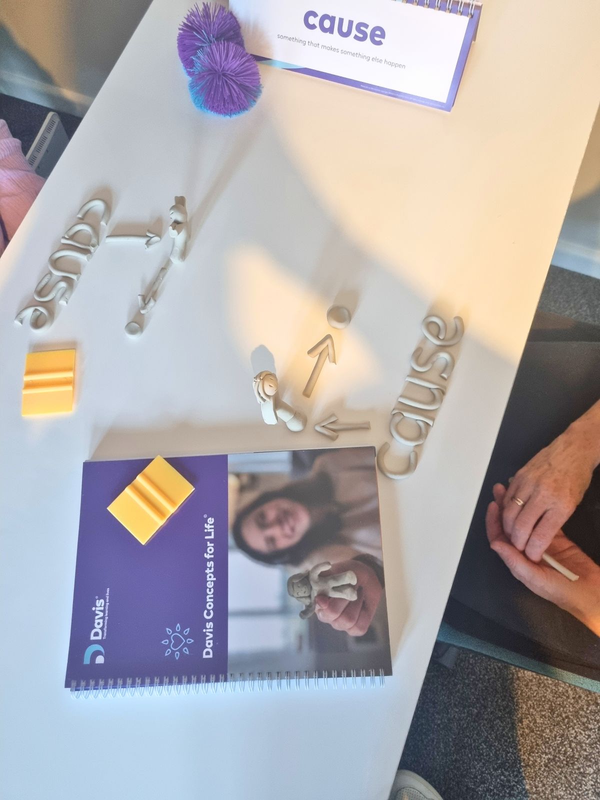 A Davis Concepts for Life brochure on a desk with clay models of cause, a person planting a seed, watering it, it becoming a flower, all modelled from cay. With the word cause made in clay