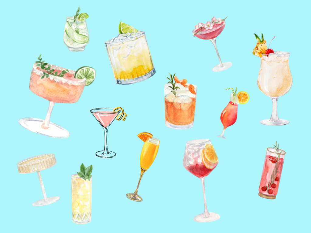 A graphic of many different cocktails of all colours and sizes in a pattern across a blue background. Symbolising that neurodivergence often comes with multiple diagnoses like autism and ADHD