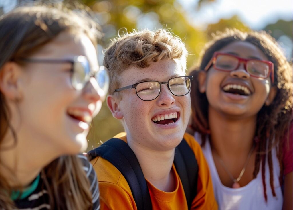 3 children, around 10 years old, a boy with glasses, freckles and blond hair in the middle. A girl either side. All of them are laughing