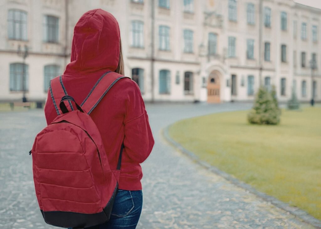 Q woman with a hood up, facing away from the camera, looking at a building in front of her