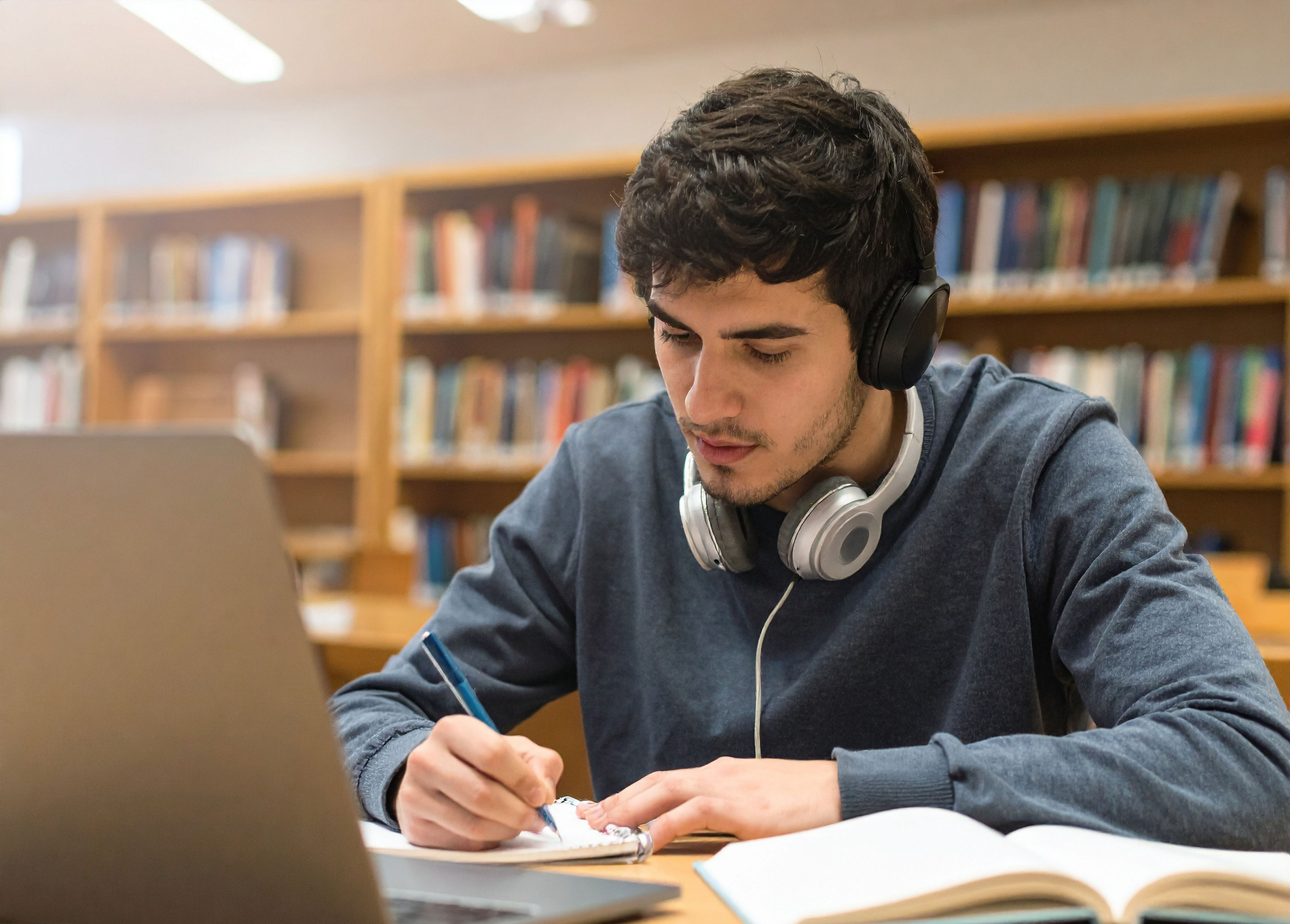 Male college student at a desk in what looks to be a library, writing on his laptop